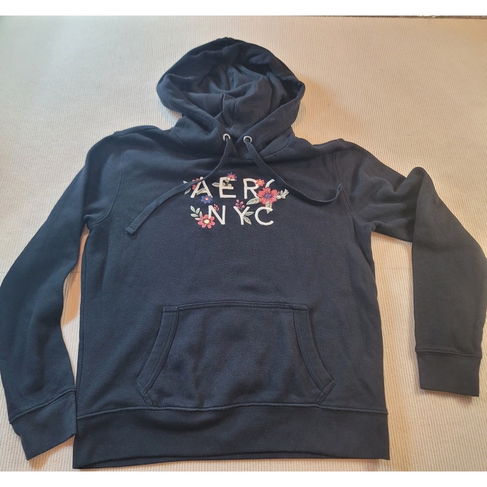 Aerospostale Womens black hoodie small stitched flowers AERO NYC